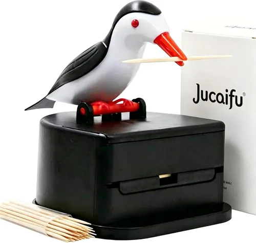 Jucaifu Dispensador de palillos de dientes de pajarito pequeño, dispensador de palillos de dientes tipo empuje creativo en forma de pájaro, soporte