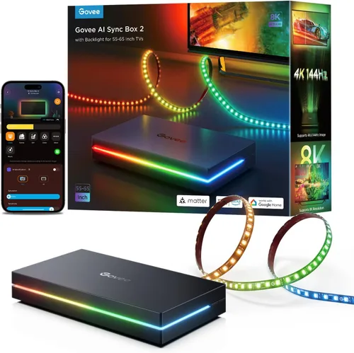 Govee Caja de sincronización HDMI 2.1 2, Caja de sincronización AI con retroiluminación para TV, compatible con 8K@60Hz, 4K@144Hz, VRR y ALLM,