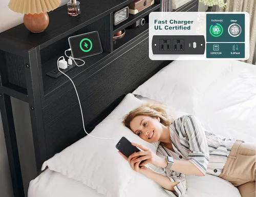 Miniatura 4 de EnHomee Base de cama de tamaño matrimonial con 6 cajones de almacenamiento, cabecera y estación de carga, cama de plataforma de metal sin ruido,