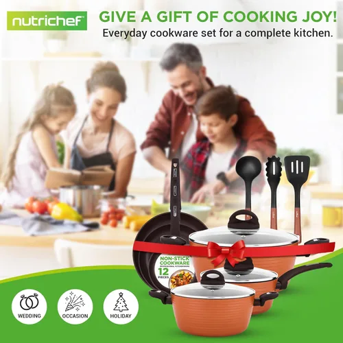 Miniatura 7 de NutriChef Professional - Juego de 12 piezas de utensilios de cocina antiadherentes marrones, sin PFOA/PFOS, laca resistente al calor, diseño