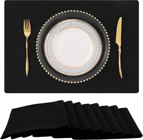 Miniatura 39 de homing - Juego de 4 manteles individuales de algodón y lino, manteles de tela lavables para mesa de comedor de estilo rústico para interiores y Negro