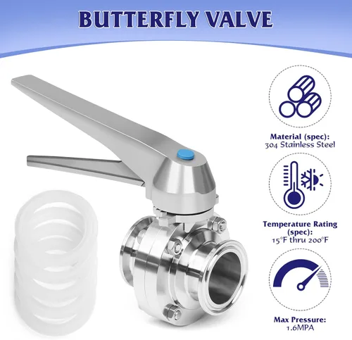 Miniatura 2 de Válvula de mariposa de tres abrazaderas de 1 pulgada de acero inoxidable sanitario 304 con mango de gatillo Tri Clamp Válvula de mariposa