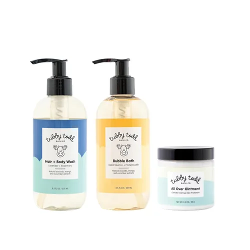Set de regalo de baño para bebé TUBBY TODD Essentials – 8.5 onzas de lavado para cabello y cuerpo, 8.5 onzas de baño de burbujas y 3.5 onzas de