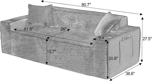 Tmsan Sofá de 3 plazas sin hueso de 80.7 pulgadas para sala de estar con portavasos y asiento profundo de 26 pulgadas, bolsillos laterales, sofá