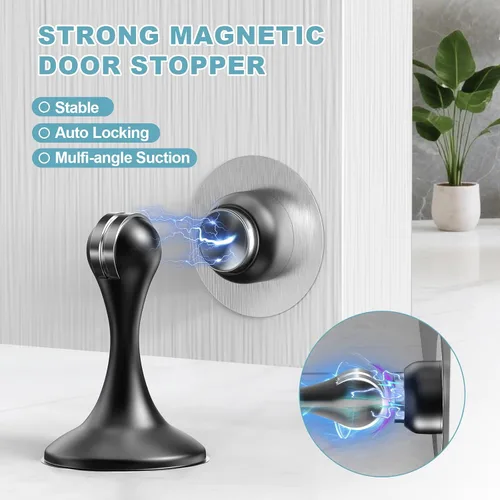 Miniatura 2 de Paquete de 2 topes magnéticos para puerta, topes de puerta de acero inoxidable para montaje en pared y piso, soporte de puerta mantiene la puerta