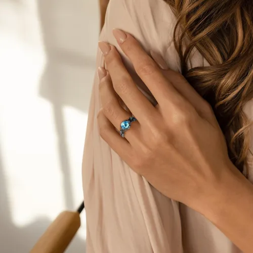 Miniatura 3 de Anillos góticos negros para mujer, topacio arcoíris místico con flor de amatista creada, anillo de compromiso gótico de oro negro, talla 6 a 11