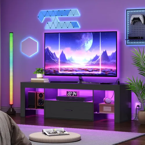 Miniatura 9 de HOOBRO Soporte de TV LED con tomas de corriente para TV de hasta 65 pulgadas, centro de entretenimiento para videojuegos con estantes de vidrio
