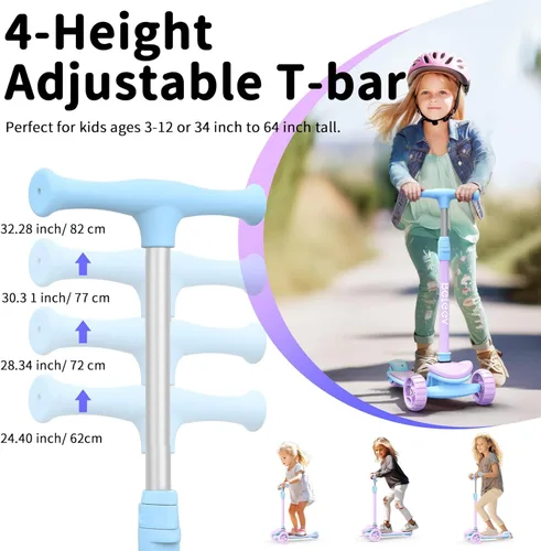 Miniatura 2 de BELEEV Patinete A8 para niños de 3 a 12 años, scooter plegable de 3 ruedas para niños y niñas, ruedas con luz LED, 4 alturas ajustables, inclinación