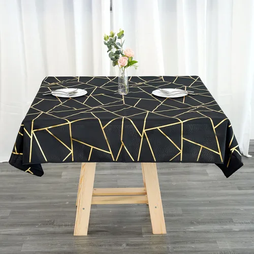 Miniatura 7 de Mesa cuadrada de poliéster de 54 x 54 pulgadas, color negro con diseño geométrico metálico dorado