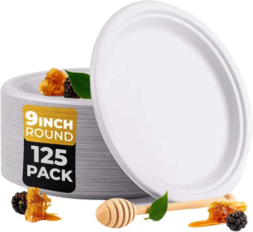 Paquete de 125 platos de papel blanco – Platos redondos compostables de bagazo desechables compostables de 9 pulgadas, hechos de fibra de caña de