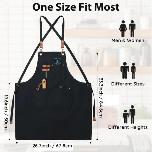 Miniatura 5 de Delantales de lona, delantales de chef de cocina, delantales de trabajo para hombres y mujeres, delantales con correa ajustable con 3 bolsillos