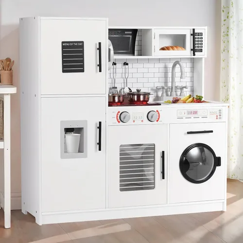 Arlopu Juego de cocina para niños, juego de juguetes de madera con diseño realista, sonidos de luces, ollas y utensilios para niños y niñas a partir