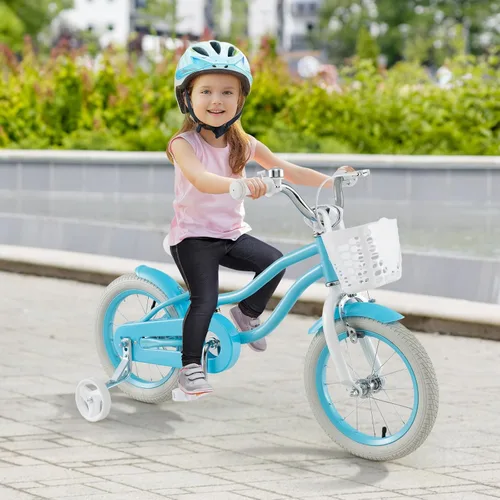 Miniatura 7 de HONEY JOY Bicicleta para niños de 12, 14, 16, 18, 20 pulgadas, con ruedas de entrenamiento, freno de mano y freno de posavasos, cadena totalmente