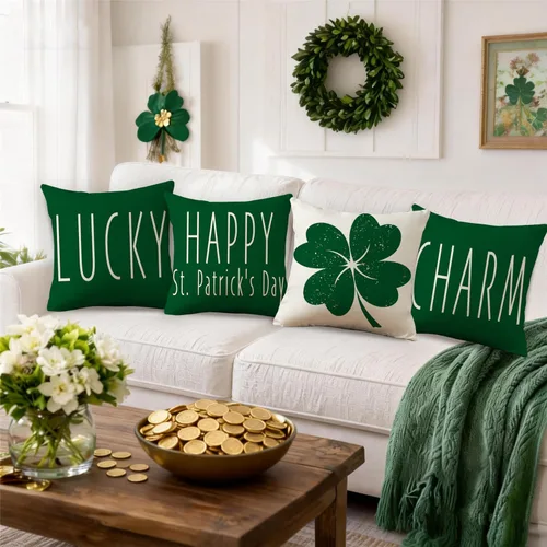 Miniatura 5 de Juego de 4 fundas de almohada del Día de San Patricio de 16 x 16 pulgadas, decoraciones del día de San Patricio, diseño de trébol de la suerte