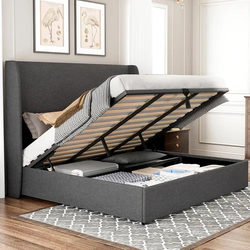 Miniatura 13 de Jocisland - Base de cama tamaño Queen con plataforma de almacenamiento abatible, tapizada en lino, con cabecera abatible moderna/almacenamiento