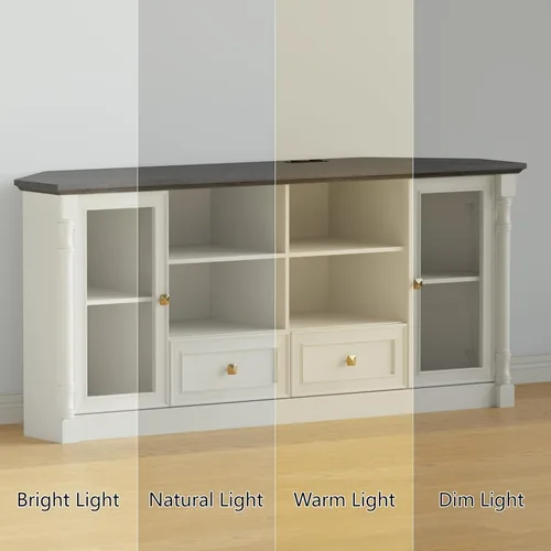 Miniatura 7 de Soporte esquinero de TV de granja para TV de 55 y 65 pulgadas, moderno centro de entretenimiento esquinero con toma de corriente, luces LED