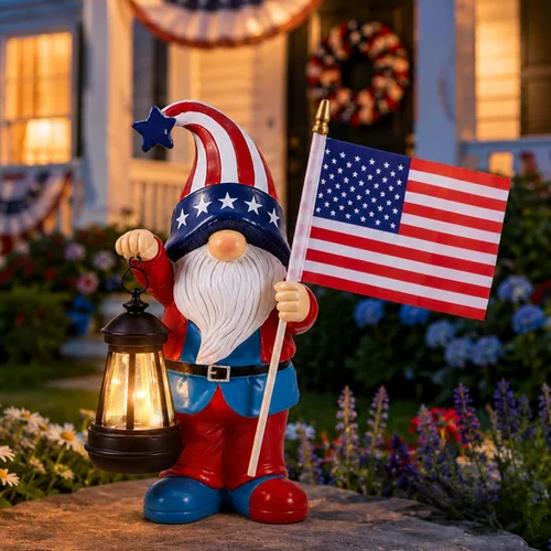 Estatua de gnomos de jardín para decoraciones de patio, esculturas al aire libre, decoración patriótica, decoración del día conmemorativo para el 4