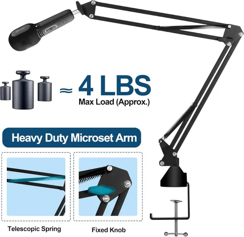 Miniatura 4 de Micrófono ajustable brazo de tijera con clip de micrófono y bridas para cables, resistente para Blue Yeti Nano Snowball Ice, HyperX QuadCast