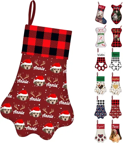 Miniatura 14 de Calcetines de Navidad personalizados con foto de nombre, medias personalizadas en forma de hueso para perros, gatos, mascotas, medias de Navidad