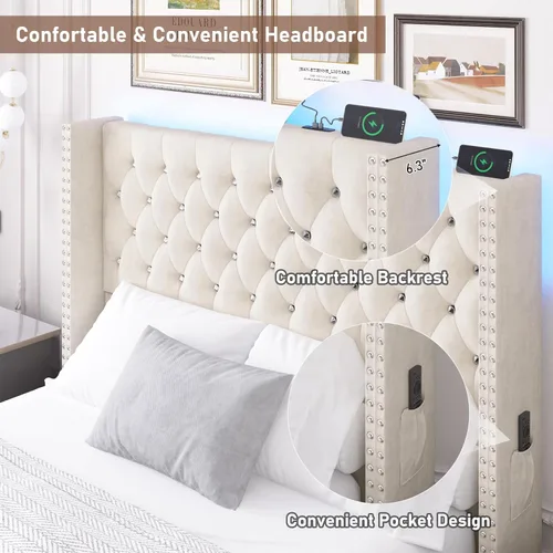 Miniatura 5 de Hlivelood - Marco de cama Queen LED tapizado con cabecera de respaldo, marco de cama tapizado con botones de diamante de terciopelo con puertos USB