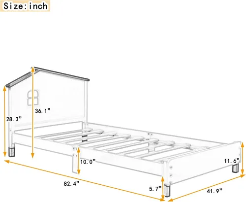 Miniatura 2 de Cama de plataforma de madera de tamaño individual con cabecera en forma de casa, soporte de listones de madera, para dormitorio de niños, niñas
