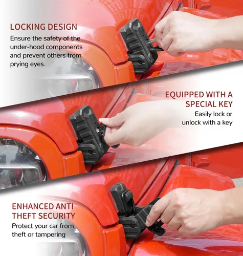 Miniatura 8 de Pestillo de capó de bloqueo con llaves, pestillo de capó para Jeep Wrangler JK/JKU 2007-2017, accesorios antirrobo, resistente al polvo y al agua