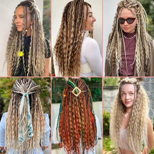 Miniatura 6 de Leeven Extensiones de Rastas Sintéticas de Doble Punta de 24 Pulgadas 30 Hebras Rastas Boho 613 Rubio 3 Estilos Mixtas Onduladas Rizadas DE Rastas