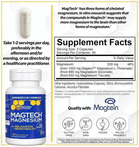 Miniatura 6 de Cápsulas de complejo de magnesio MagTech de Natural Stacks (90 Cápsulas). Mejoran la salud cerebral, detienen el envejecimiento cognitivo y ayudan a