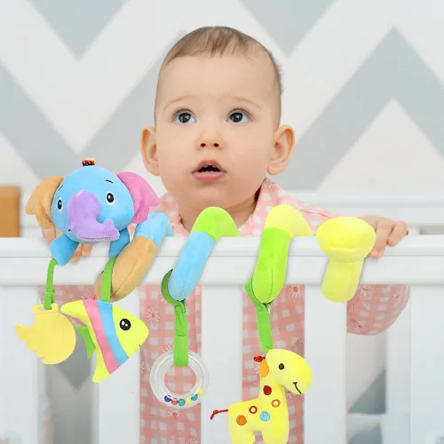 Miniatura 3 de Caterbee Juguetes de asiento de automóvil para bebé, juguete de peluche colgante suave con sonajero y mordedor, juguete de desarrollo sensorial