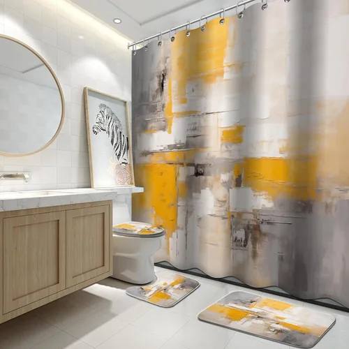 Miniatura 27 de Lnond 4 Piezas Juegos de Cortinas de Ducha de Baño Moradas con Alfombras, Arte de Pintura Púrpura y Gris Juegos de Baño con Cortina de Ducha