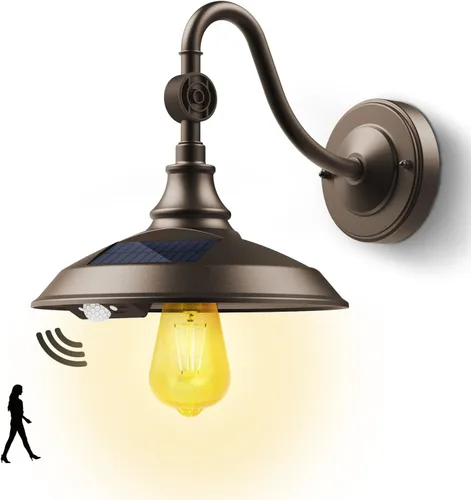 SIEDiNLAR Luz solar de granero para exteriores con 3 modos, luz de granero vintage de aluminio con cuello de cisne para pared, sensor de movimiento
