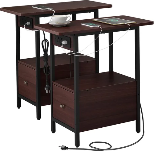 Miniatura 8 de LIDYUK Mesa auxiliar con estación de carga, mesa auxiliar estrecha con cajón, puertos USB y tomas de corriente, mesita de noche para espacios Negro