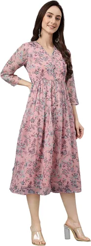 Miniatura 5 de Janasya Vestido acampanado con estampado floral de lúrex de gasa rosa para mujer