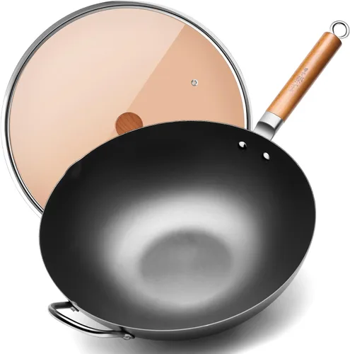WANGYUANJI Wok de Hierro, Woks de 14.2 Pulgadas para Saltear, Sartén China sin Recubrimiento, Olla de Hierro Tradicional de Fondo Plano para