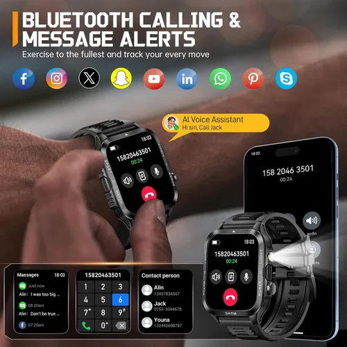 Miniatura 5 de Relojes inteligentes militares para hombre (responder/hacer llamadas) con potente linterna de 1.96 pulgadas HD, reloj inteligente táctico al aire