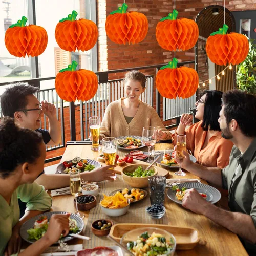 Miniatura 6 de 6 piezas de decoraciones de panal de calabaza, centros de mesa de calabaza 3D de Acción de Gracias, bolas de papel de panal de otoño para Halloween