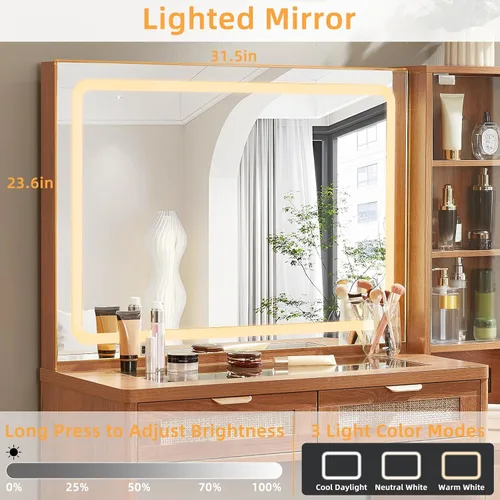 Miniatura 3 de LEYAOYAO - Escritorio de ratán con espejo y luces, tocador de maquillaje estilo bohemio de 43.5'' con 6 cajones y estantes ajustables, tocador