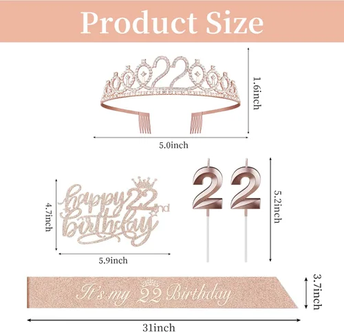 Miniatura 7 de Decoraciones de cumpleaños de 22 años para mujer, que incluyen banda y tiara, adorno para pastel y velas; regalos de cumpleaños de 22 años