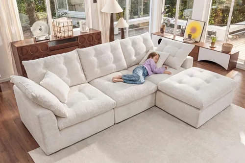 Sofá modular de felpilla deshuesado de 110 pulgadas, sofá comprimido modular en forma de L con otomana y almohada multiusos 3 en 1, sofás de espuma