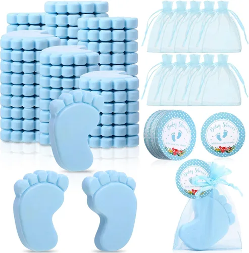 50 juegos de recuerdos de baby shower, pies de bebé hechos a mano, jabón perfumado, regalos para invitados, regalos con bolsas de organza y Azul