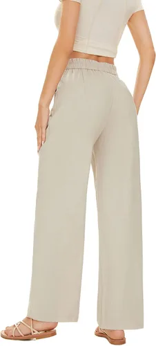 Miniatura 6 de FUNYYZO Pantalones de lino de cintura alta de pierna ancha para mujer, pantalones casuales de trabajo con cintura elástica