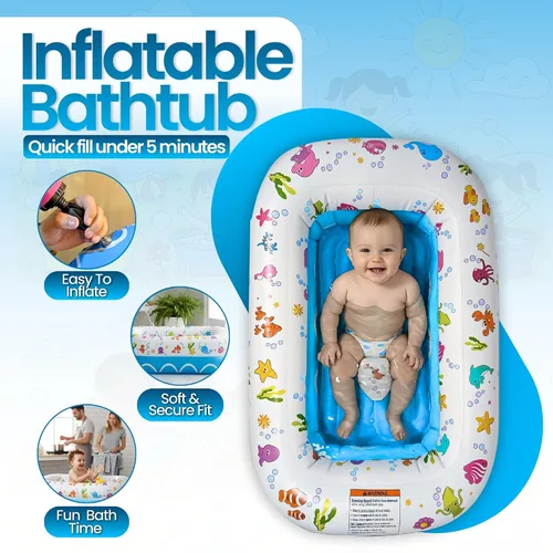Miniatura 9 de Mommy's Helper Bañera inflable bajo el mar, bañera plegable y segura para bebé con asiento antideslizante de cuerno de sillín para niños, baño