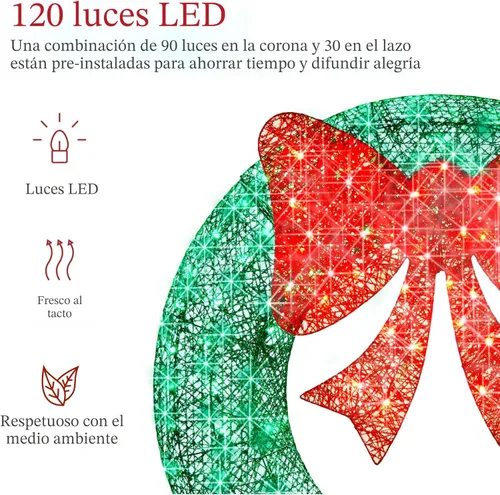 Miniatura 3 de Best Choice Products - Corona de Navidad preiluminada de 36 pulgadas para exteriores, decoración de LED metálica para fiestas en casa con 120 luces