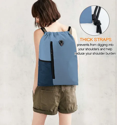 Miniatura 6 de Mochila con cordón, con estilo deportivo, bolsa de gimnasio para mujeres, hombres y niños, bolsa de gran tamaño con zíper y bolsillos de malla