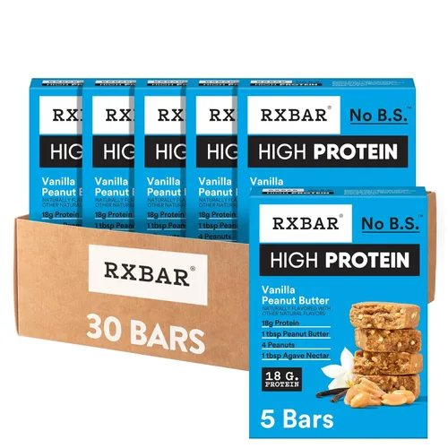RXBAR Barras altas en proteínas, sin gluten, aperitivos de proteínas, mantequilla de maní y vainilla (6 cajas, 30 barras)