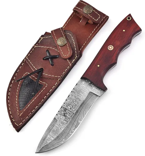 Cuchillo de caza de Damasco hecho a mano, cuchillo Bowie de hoja fija de 10 pulgadas con funda de transporte horizontal, cuchillos de acero de
