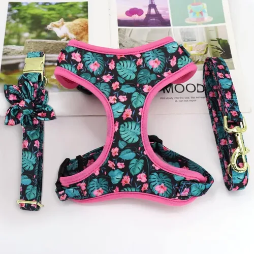 Miniatura 6 de Beirui Collares, arneses y correas lindos para perritas, conjunto - Collar y correa ajustable para perros con flores - Arnés de malla suave