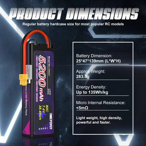 Miniatura 3 de Batería Lipo de 7.4V 2S 5200mAh 80C Lipos Estuche rígido con conector XT60 para coches RC camiones 1/8 1/10 vehículos RC (2 paquetes)