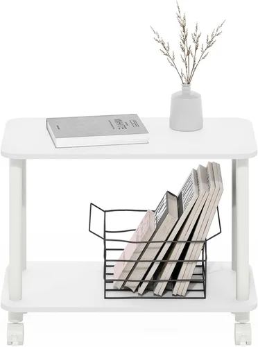 Miniatura 4 de Furinno Turn-N-Tube - Mesa auxiliar rectangular de 2 niveles con ruedas, mesita de noche de esquina redonda, mesita de noche con estante abierto