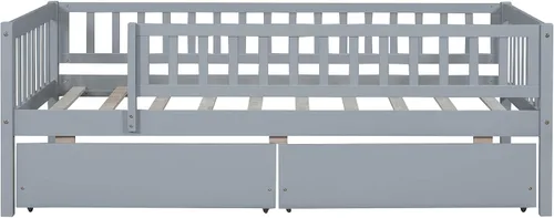 Miniatura 4 de Sofá cama de madera de tamaño individual, sofá cama de madera de mediados de siglo con dos cajones y listones de madera maciza, marco de sofá cama